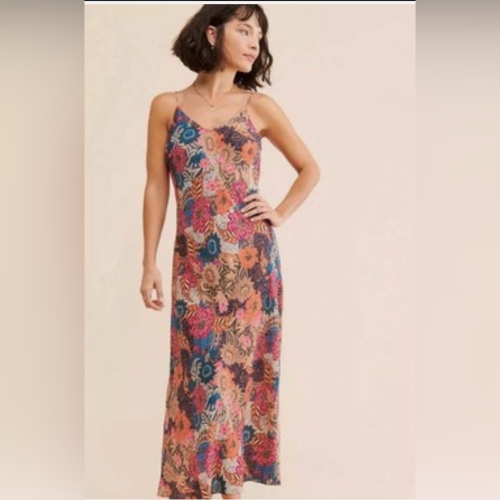 Anthropologie Kachel Floral Bias Slip Maxi Dress in Pink, Blue, Orange
